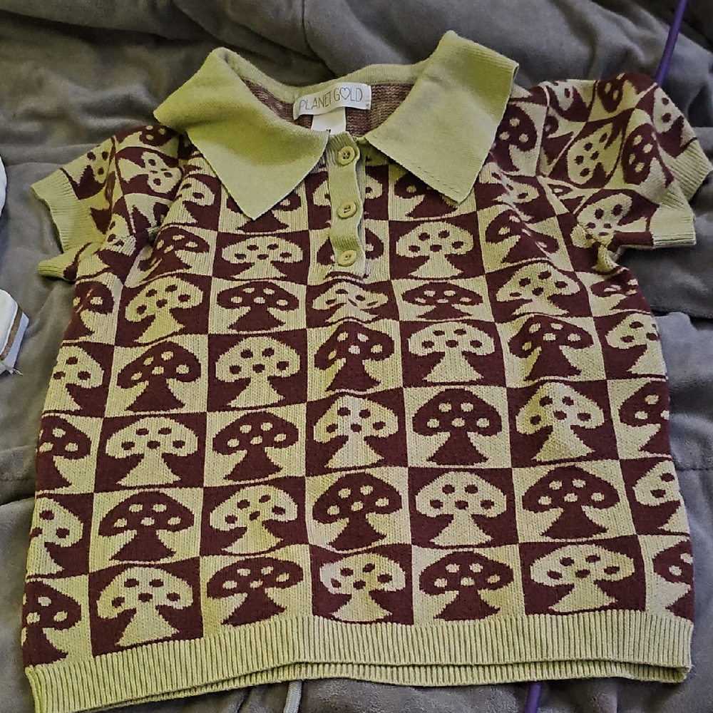 Planet Gold Retro-Inspired Polo Shirt Green and Brown